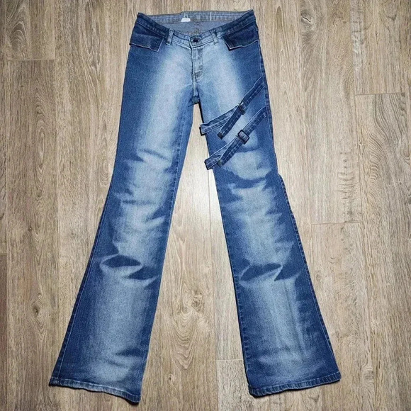 Tall Y2K bleached dark wash flared jeans with thigh buckles ✦ XXS - Picture 1 of 7